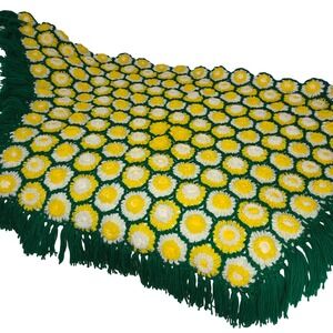 VTG Handmade Crochet 3D Daisy Flower Couch Lap Throw Shawl Fringe cottagecore